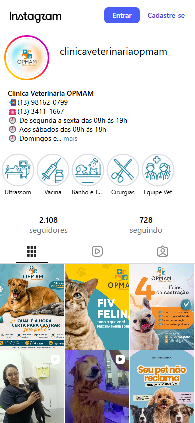 Captura real do Instagram oficial da OPMAM em 15 de outubro de 2026, com destaques e grade de publicações